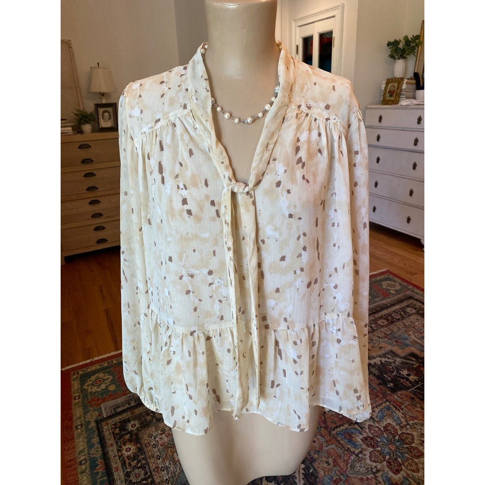 Joie Womens Tie Neck Peplum Blouse Cream Tan Abstract Print Long Sleeve Size M